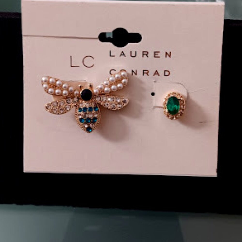 LC LAUREN CONRAD Contemporary Gold Multicolor Crystal + Queen Bee Stud Earrings - Picture 2 of 4